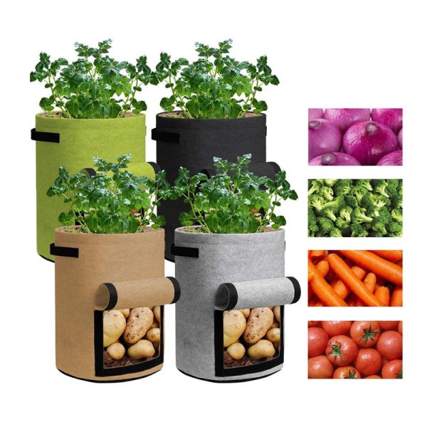 Potato Grow Bags with Flap 10 Gallon, 4 Pack Planter Pot with Handles and Harvest Window for Potato Tomato and Vegetables, Black and Gray