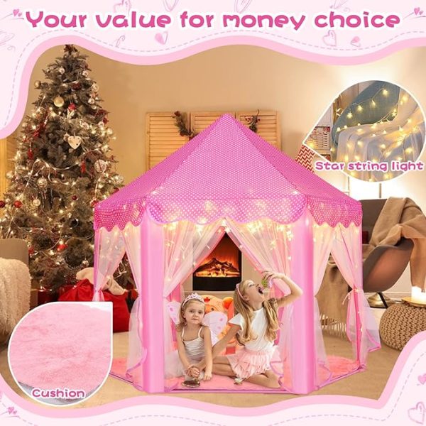 Princess Castle Play Tent for Girls - Large 55'' x 53'' Playhouse with Star Lights for Indoor and Outdoor Play