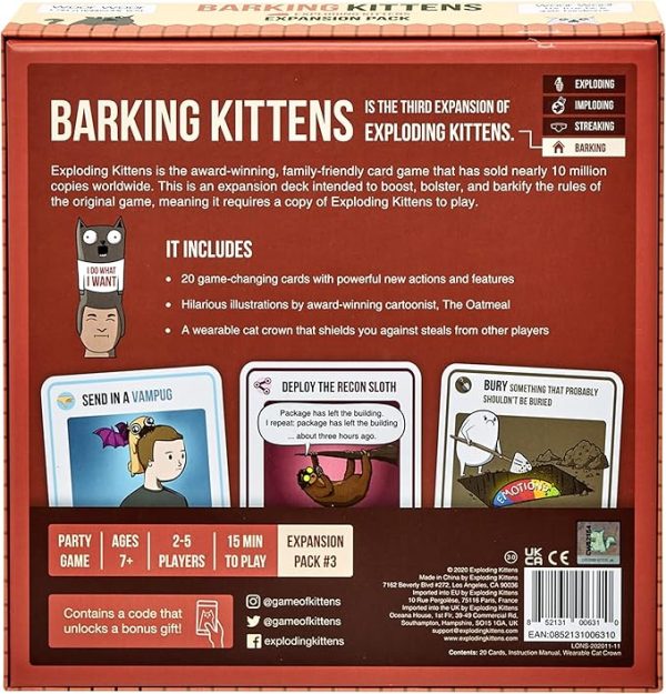 Barking Kittens Expansion Pack by Exploding Kittens - 2-5 Players - Ages 7+ - 15 Minutes to Play - Exploding Kittens Original Game Required - Party Game, Family Game Night, Kid and Adult Card Game