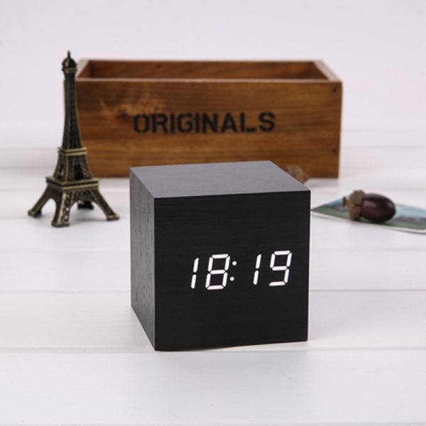 Fashionable multifunctional LED wooden clock Intelligent voice-controlled silent wood grain black square lazy electronic alarm clock