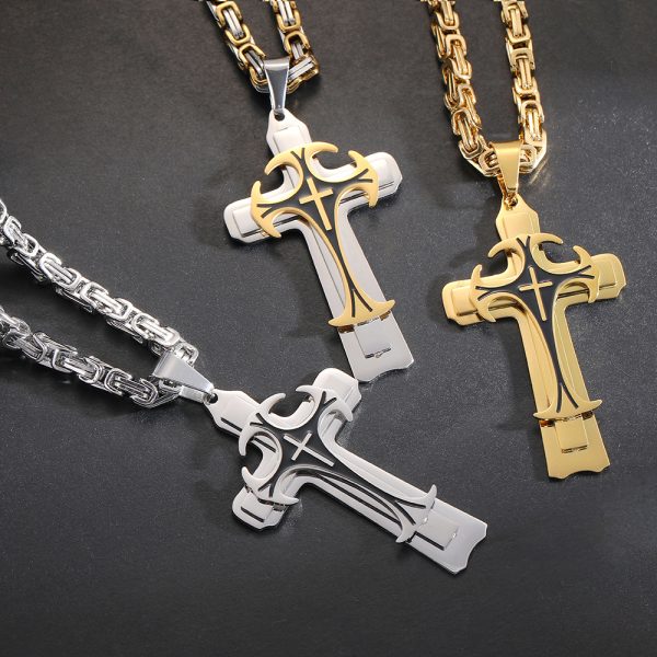 Titanium steel long necklace European and American domineering pattern three-layer cross pendant necklace for men