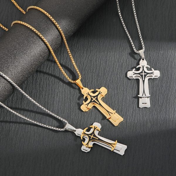 Titanium steel long necklace European and American domineering pattern three-layer cross pendant necklace for men