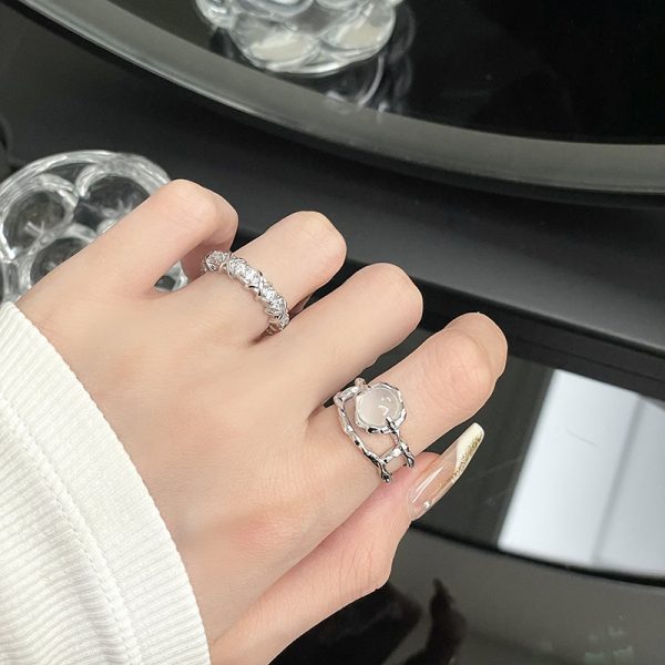 Moonstone diamond zircon ring female gemstone opening French folds irregular high-end personality