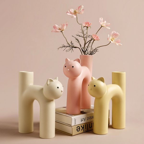 Cute cat vase ornaments living room flower arrangement home decorations