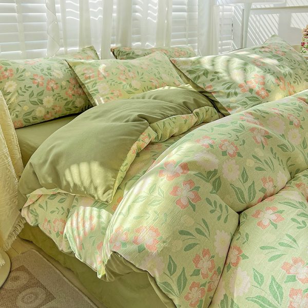 New French A-type double-layer yarn cotton linen washed cotton four-piece bed three-piece set bed sheet quilt cover gift