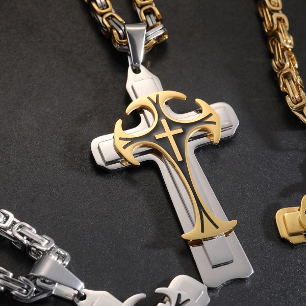 Titanium steel long necklace European and American domineering pattern three-layer cross pendant necklace for men