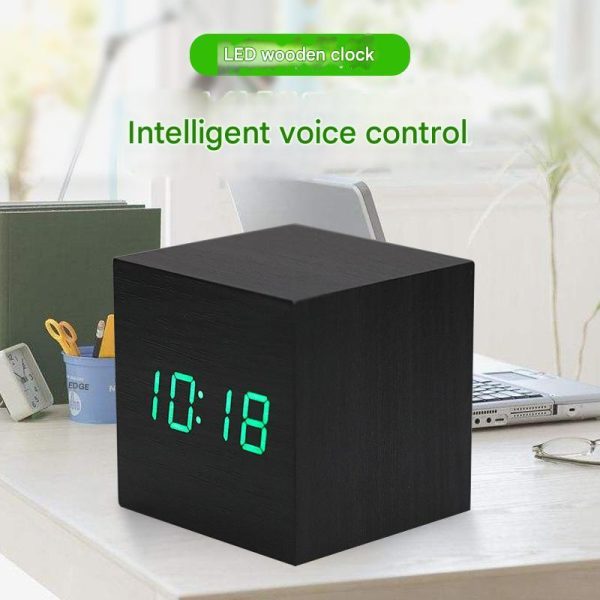 Fashionable multifunctional LED wooden clock Intelligent voice-controlled silent wood grain black square lazy electronic alarm clock